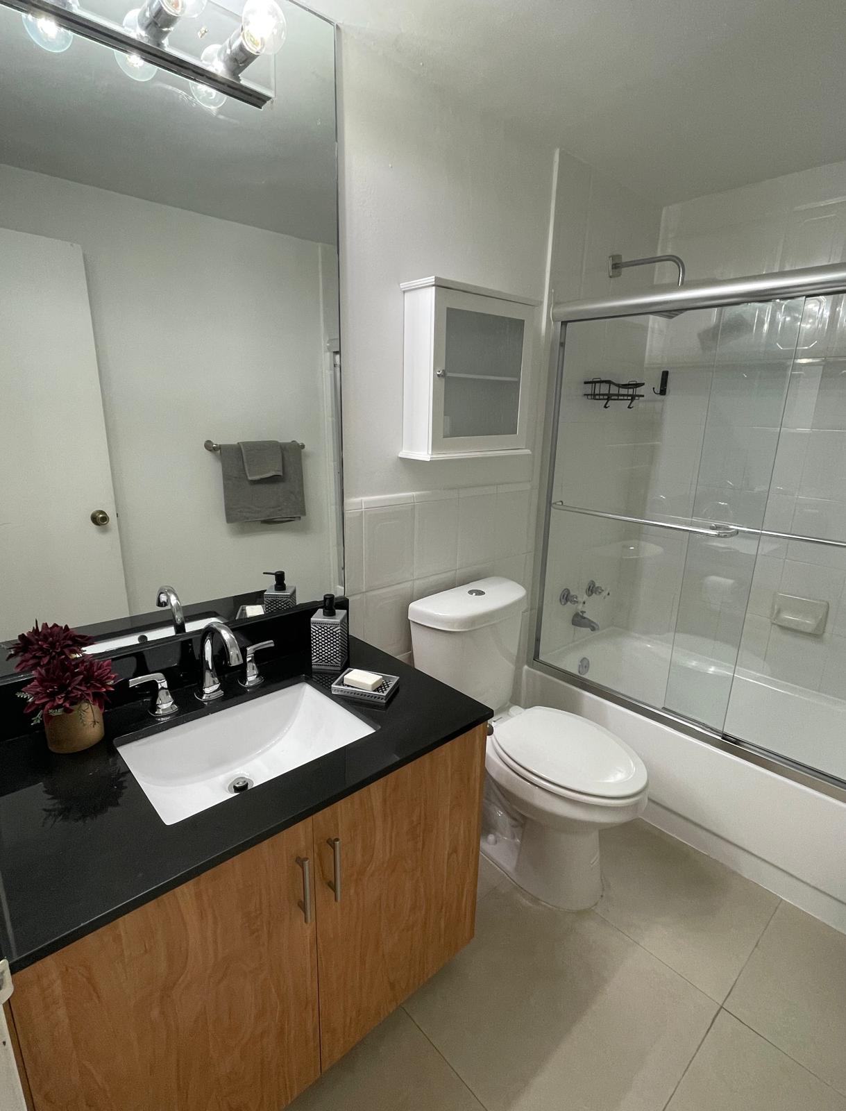Second bathroom with granite-topped vanity, white tile and glass shower enclosure